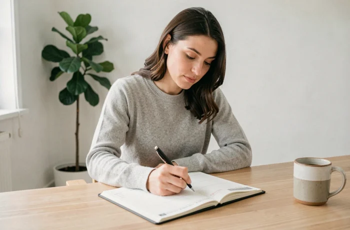 Femme concentrée qui planifie sa journée dans un agenda structuré sur un bureau minimaliste en bois, gestion du temps productive