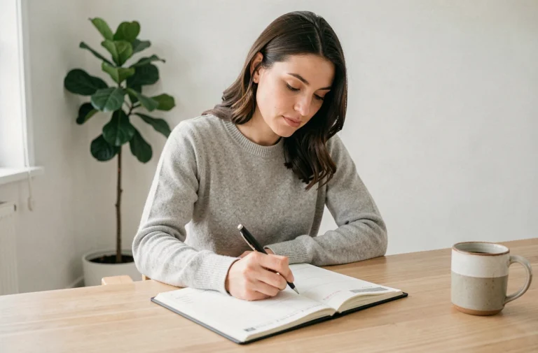 Femme concentrée qui planifie sa journée dans un agenda structuré sur un bureau minimaliste en bois, gestion du temps productive