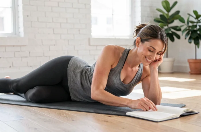 Femme allongée sur le côté sur un tapis de yoga dans un studio lumineux prenant des notes dans un carnet ouvert