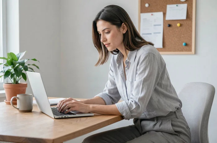 Femme concentrée travaillant assise à un bureau en bois dans un bureau minimaliste à domicile avec ordinateur portable