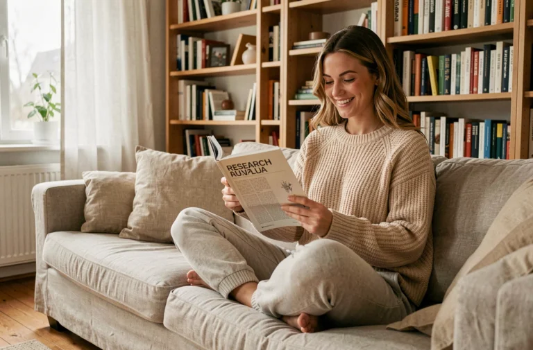 Femme détendue lisant un magazine de recherche assise en tailleur sur un canapé en lin dans un salon scandinave chaleureux