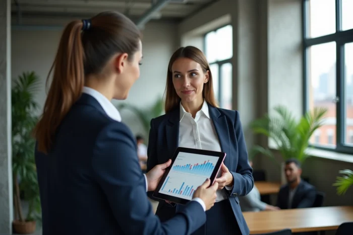 Femme professionnelle consultant un tableau de bord financier sur tablette dans un espace de coworking contemporain