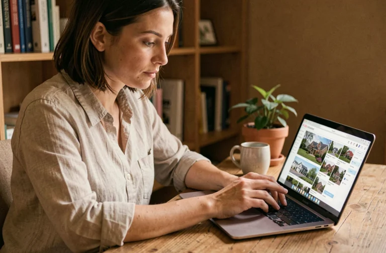 Femme consultant des annonces immobilières en ligne sur un ordinateur portable dans un bureau à domicile