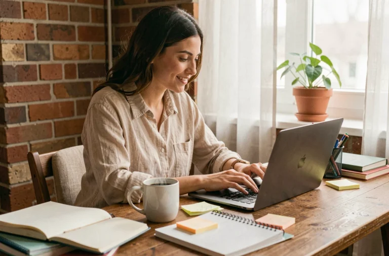 Jeune femme concentrée en train d'écrire un article de blog sur son ordinateur portable dans un bureau à domicile chaleureux