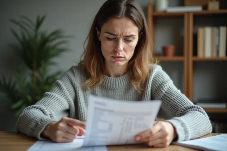 Femme examinant un relevé bancaire avec un paiement inconnu imprimerie Natio