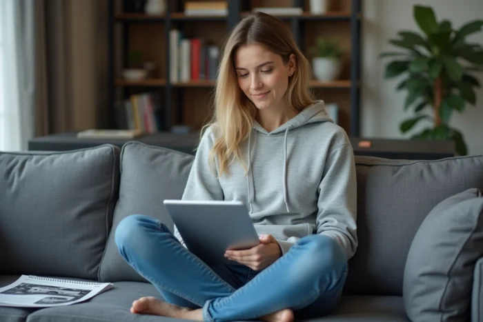 Femme lisant une revue technique automobile gratuite en PDF sur une tablette dans son salon