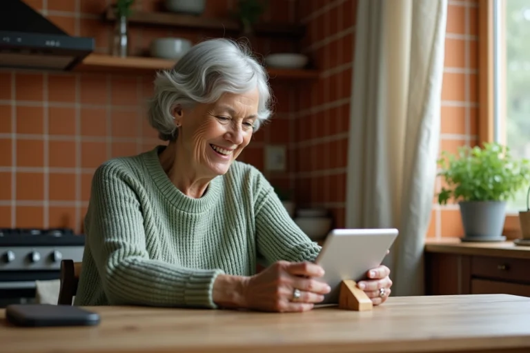 Femme senior souriante se connectant à son compte Famileo sur une tablette dans une cuisine chaleureuse
