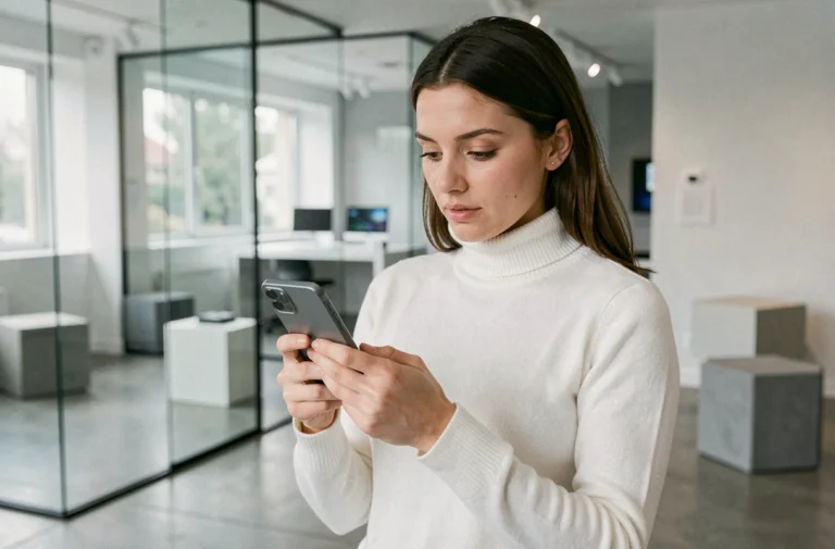 Femme tenant un smartphone pliable dans un showroom high-tech moderne aux tons épurés
