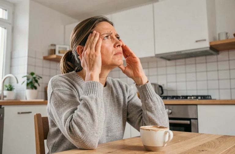 Femme stressée dans son appartement regardant le plafond en raison du bruit de pas d'enfants venant du dessus