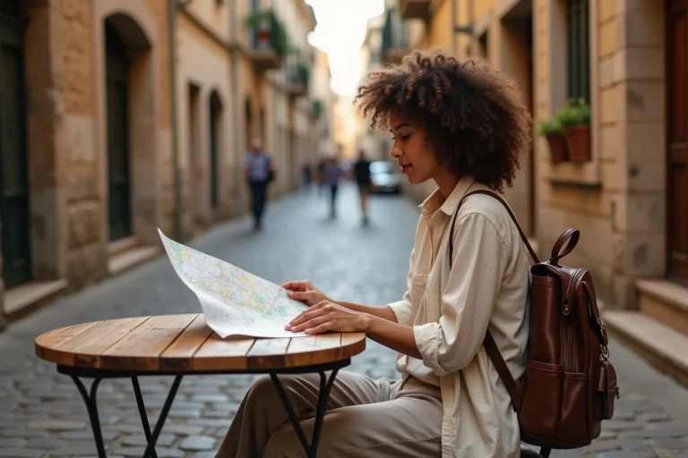 Femme voyageuse consultant une carte papier dans une ruelle pavée européenne, ambiance authentique et féministe du voyage en solo