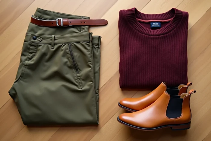 Flat-lay de bottines Chelsea tan avec pantalon olive et pull bordeaux pour assortir les tons marron