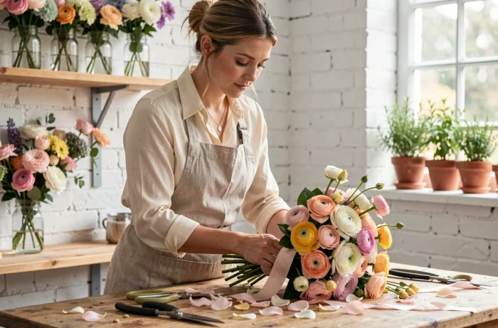 Fleuriste préparant un bouquet de mariée avec des roses et des renoncules dans un atelier artisanal