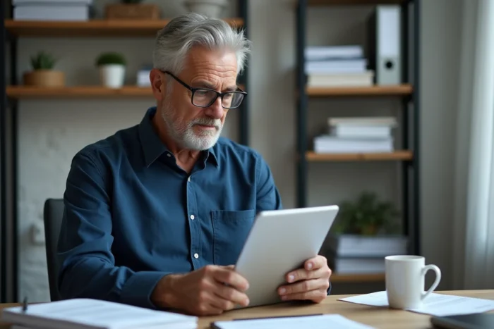 Homme consultant son espace bénéficiaire Logisfil sur une tablette dans un bureau à domicile organisé