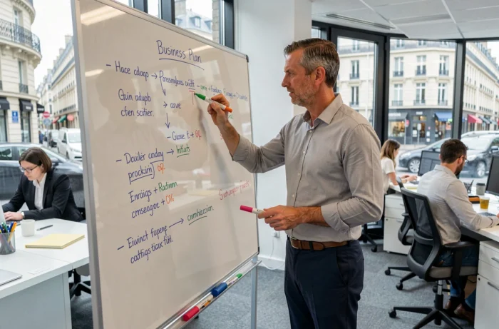 Chef d'entreprise français élaborant un plan de gestion d'entreprise sur un tableau blanc dans un bureau moderne avec vue sur la ville
