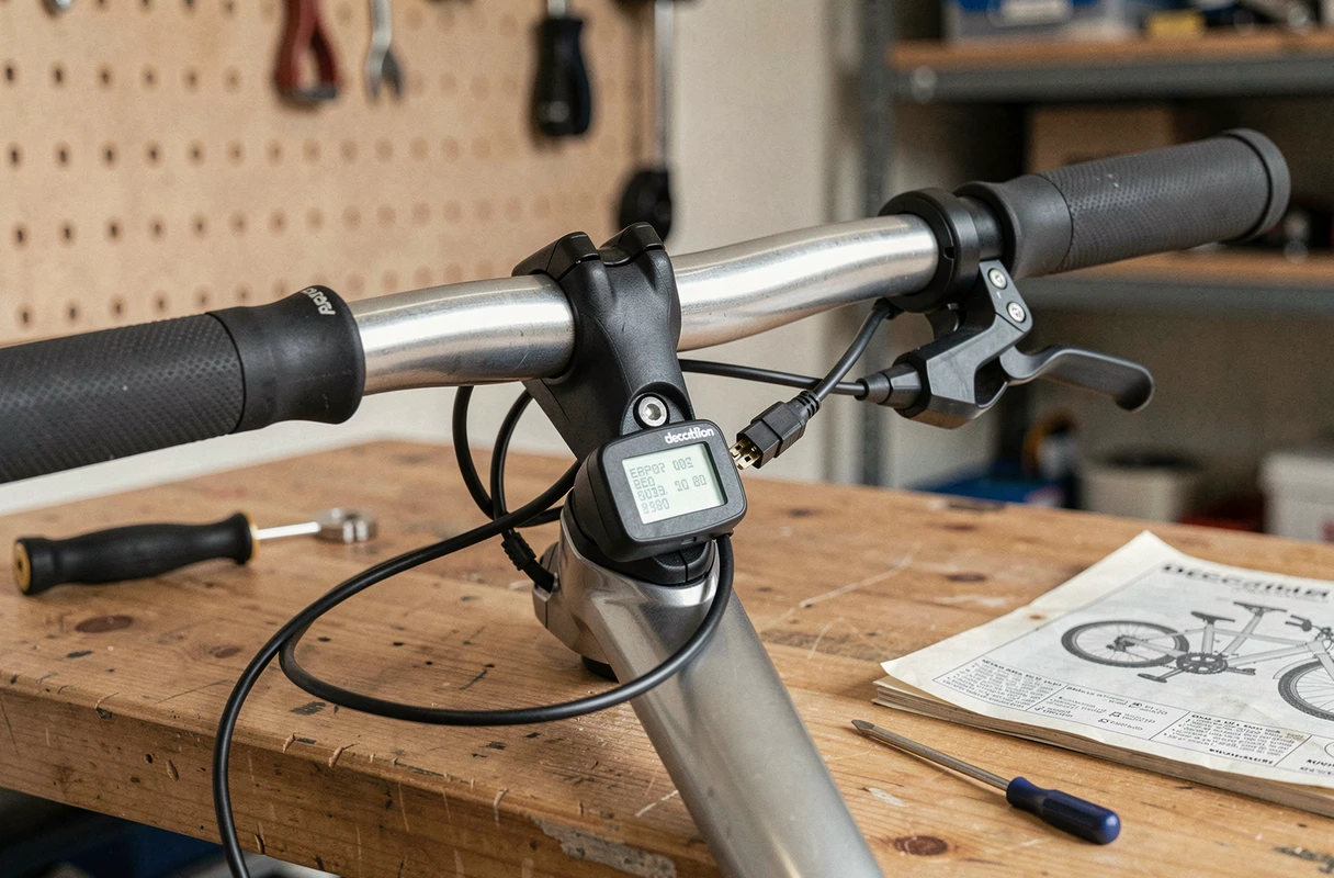 Gros plan sur un écran d'erreur et un câble débranché sur un guidon de vélo électrique Decathlon