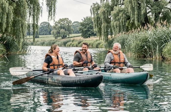 Groupe d'adultes faisant du kayak sur une rivière calme entourée de végétation lors d'une activité nature