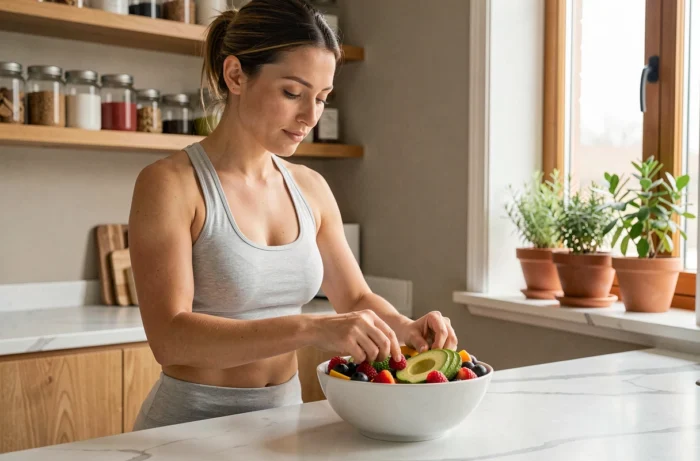 Femme préparant un bol de fruits et légumes frais dans une cuisine saine et moderne, adoptant de bonnes habitudes alimentaires au quotidien