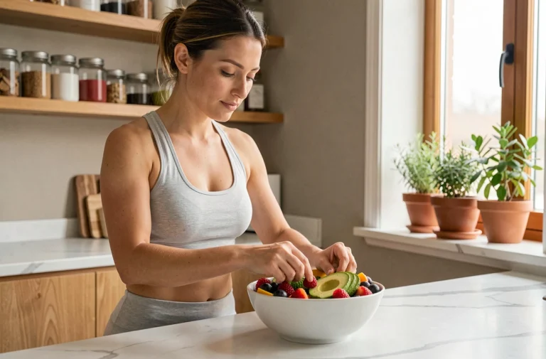 Femme préparant un bol de fruits et légumes frais dans une cuisine saine et moderne, adoptant de bonnes habitudes alimentaires au quotidien