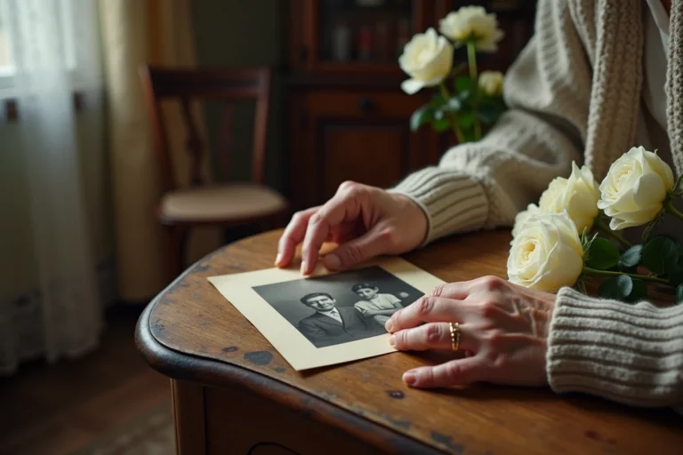 Mains d'une personne âgée tenant une vieille photo de famille en hommage à une maman disparue