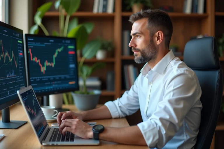 Homme d'affaires analysant des graphiques financiers et tendances d'investissement sur un écran dans un bureau moderne