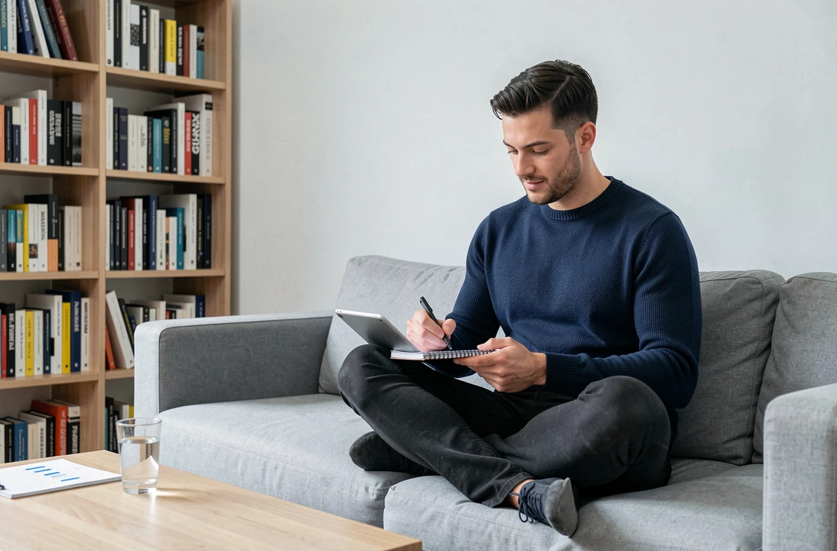 Homme analysant les statistiques de son blog sur une tablette dans un salon moderne et minimaliste