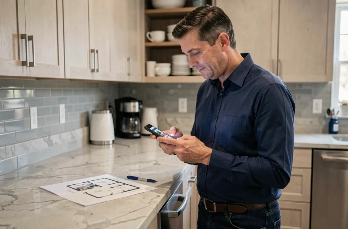 Homme consultant un site d'annonces immobilières sur smartphone avec un plan imprimé dans une cuisine moderne