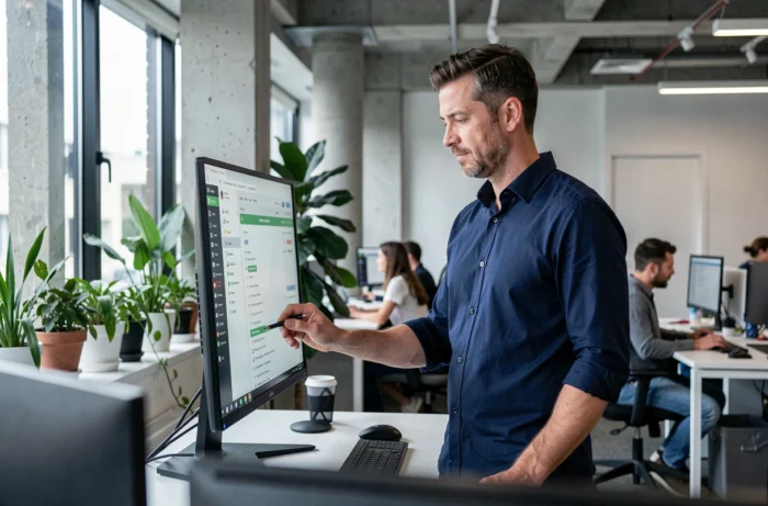 Homme debout devant un écran dans un bureau moderne, consultant une liste de tâches numériques pour optimiser sa gestion du temps