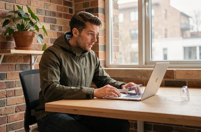Homme en veste technique travaillant avec un casque de réalité augmentée dans un bureau à domicile