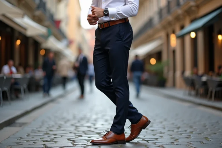 Homme en chinos marine et chaussures derby cognac assorties dans une rue pavée européenne