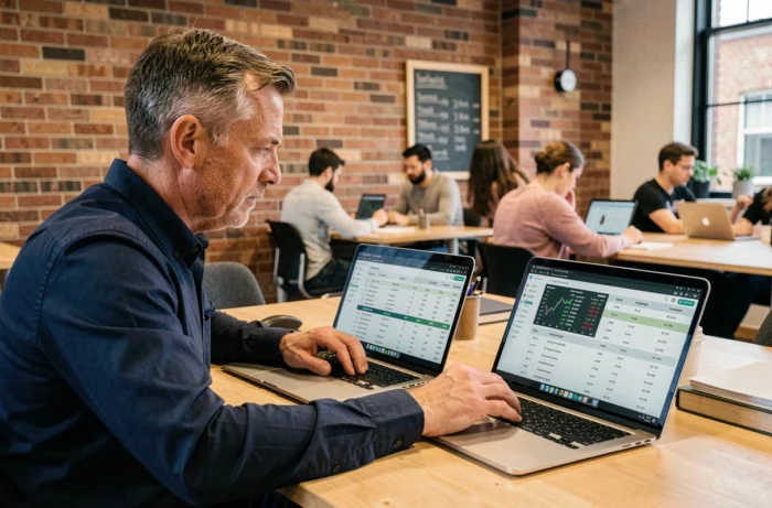 Homme d'affaires comparant plusieurs ressources financières en ligne sur deux ordinateurs portables dans un espace de coworking