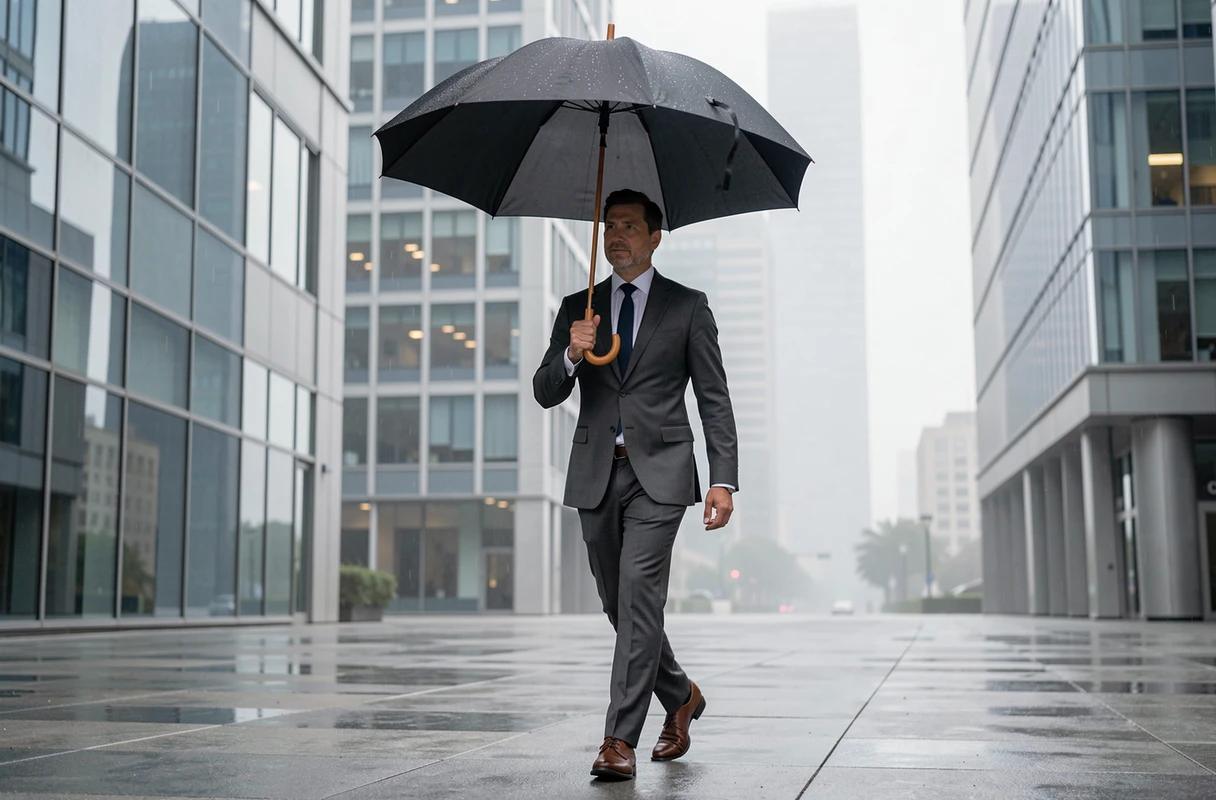 Homme en costume élégant marchant sous un parapluie haut de gamme dans un quartier d'affaires moderne