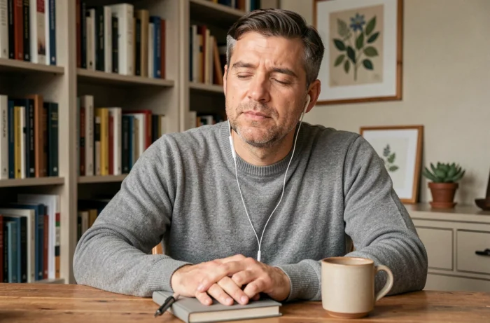Homme d'âge moyen écoutant de la musique avec des écouteurs dans un bureau à domicile entouré de livres, illustrant la concentration et le bien-être mental par la musique