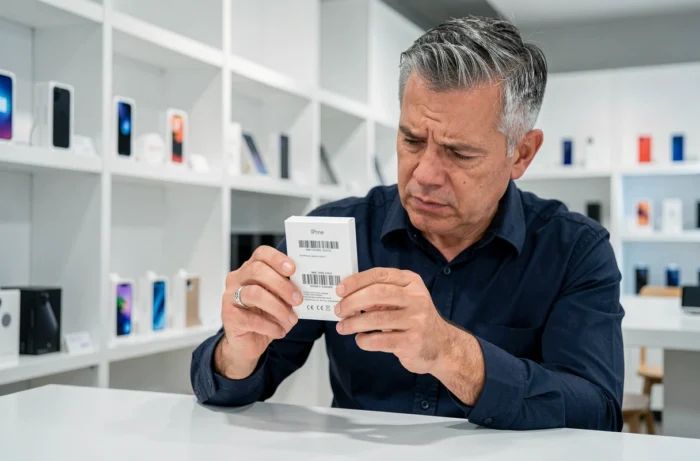 Homme examinant l'étiquette IMEI imprimée sur la boîte d'un iPhone dans un magasin de téléphonie