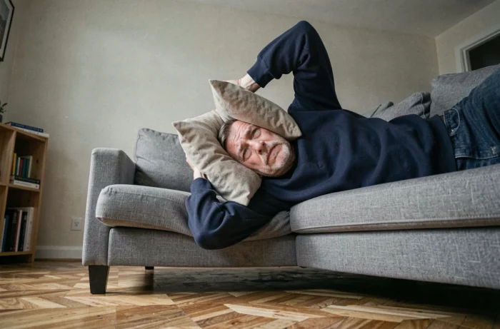 Homme allongé sur un canapé se couvrant l'oreille avec un coussin à cause du bruit de voisins au-dessus