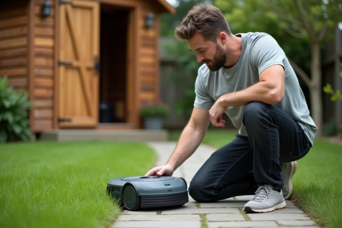 Homme inspectant de près un robot tondeuse Parkside dans son jardin, examinant les lames sous l'appareil