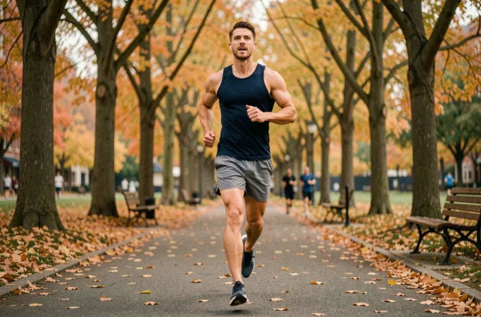 Homme en train de courir sur un chemin de parc urbain en automne pendant une séance de jogging