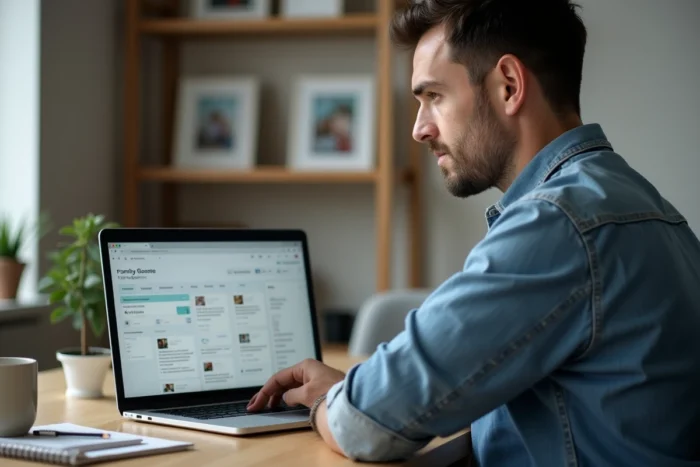 Homme personnalisant la gazette Famileo sur un ordinateur portable dans un bureau à domicile moderne
