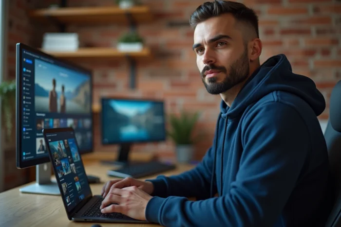 Homme explorant les fonctionnalités avancées d'une plateforme de streaming sur laptop dans un bureau à domicile