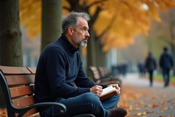 Homme écrivant dans un journal en cuir assis sur un banc de parc en automne entouré de feuilles dorées