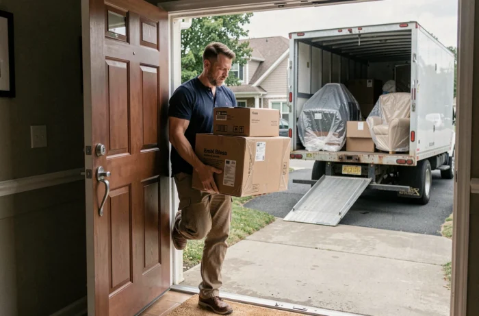 Homme portant des cartons devant sa maison lors d'un déménagement organisé avec camion