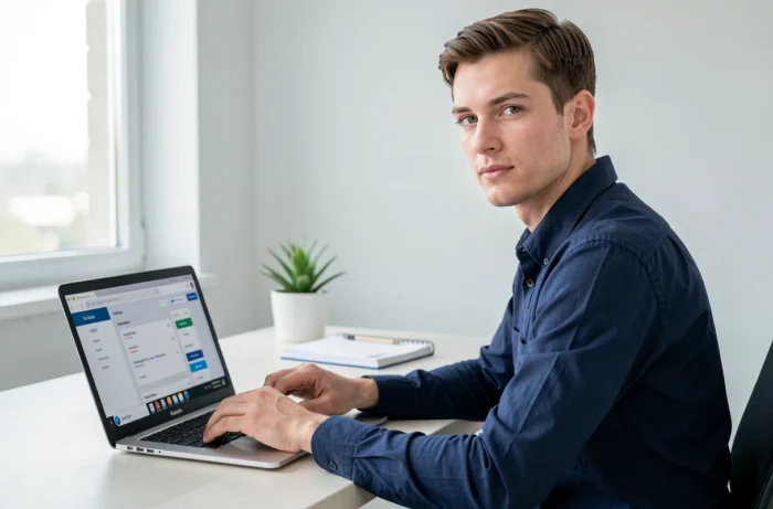 Jeune homme recherchant son numéro de compte Livret A sur l'application bancaire en ligne
