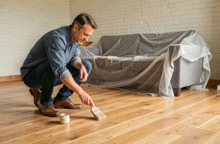 Homme appliquant un vernis naturel sur un parquet en chêne rénové dans un salon en cours de rénovation intérieure