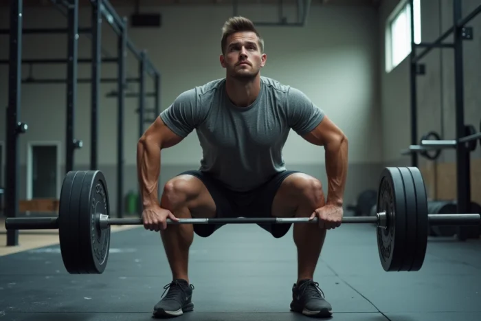 Homme effectuant un squat avec haltère dans une salle de CrossFit moderne, conseils entraînement sportif et performance