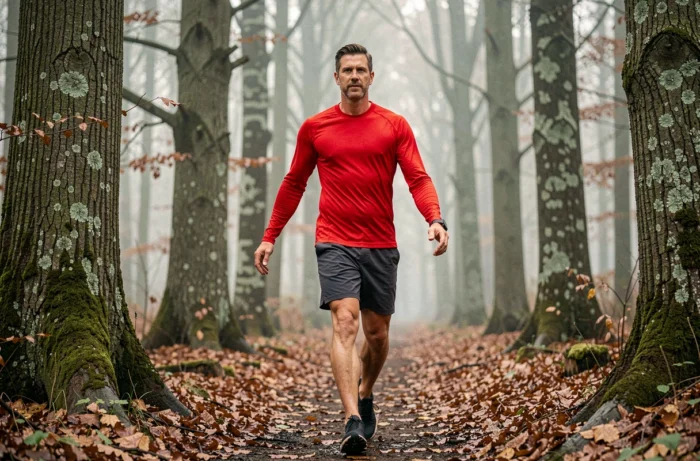 Homme en trail running sur un sentier forestier automnal entouré d'arbres et de feuilles mouillées