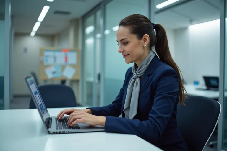 Hôtesse de l'air Air France se connectant à l'intranet Intralignes sur un ordinateur portable dans une salle d'équipage moderne