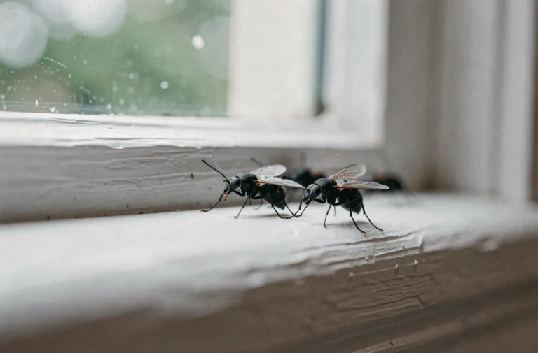 Petits insectes noirs en gros plan sur le cadre intérieur d'une fenêtre blanche avec verdure floue en arrière-plan
