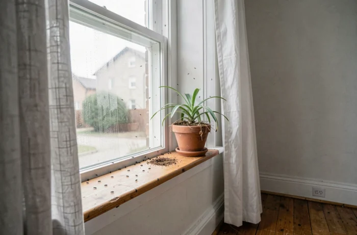 Vue grand angle d'un rebord de fenêtre avec petits insectes noirs et plante d'intérieur dans un salon
