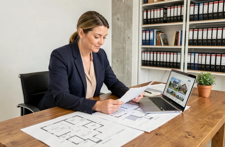 Femme professionnelle analysant des documents immobiliers dans un bureau moderne pour un investissement rentable