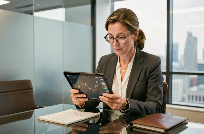 Femme professionnelle analysant des graphiques boursiers sur tablette dans une salle de réunion d'entreprise avec vue urbaine