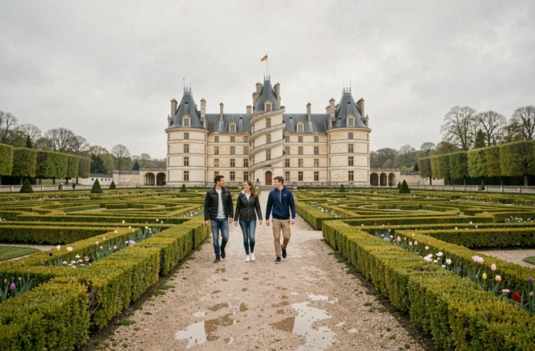 Jardins à la française du château de Chambord avec une famille se promenant sur les allées gravillonnées au printemps